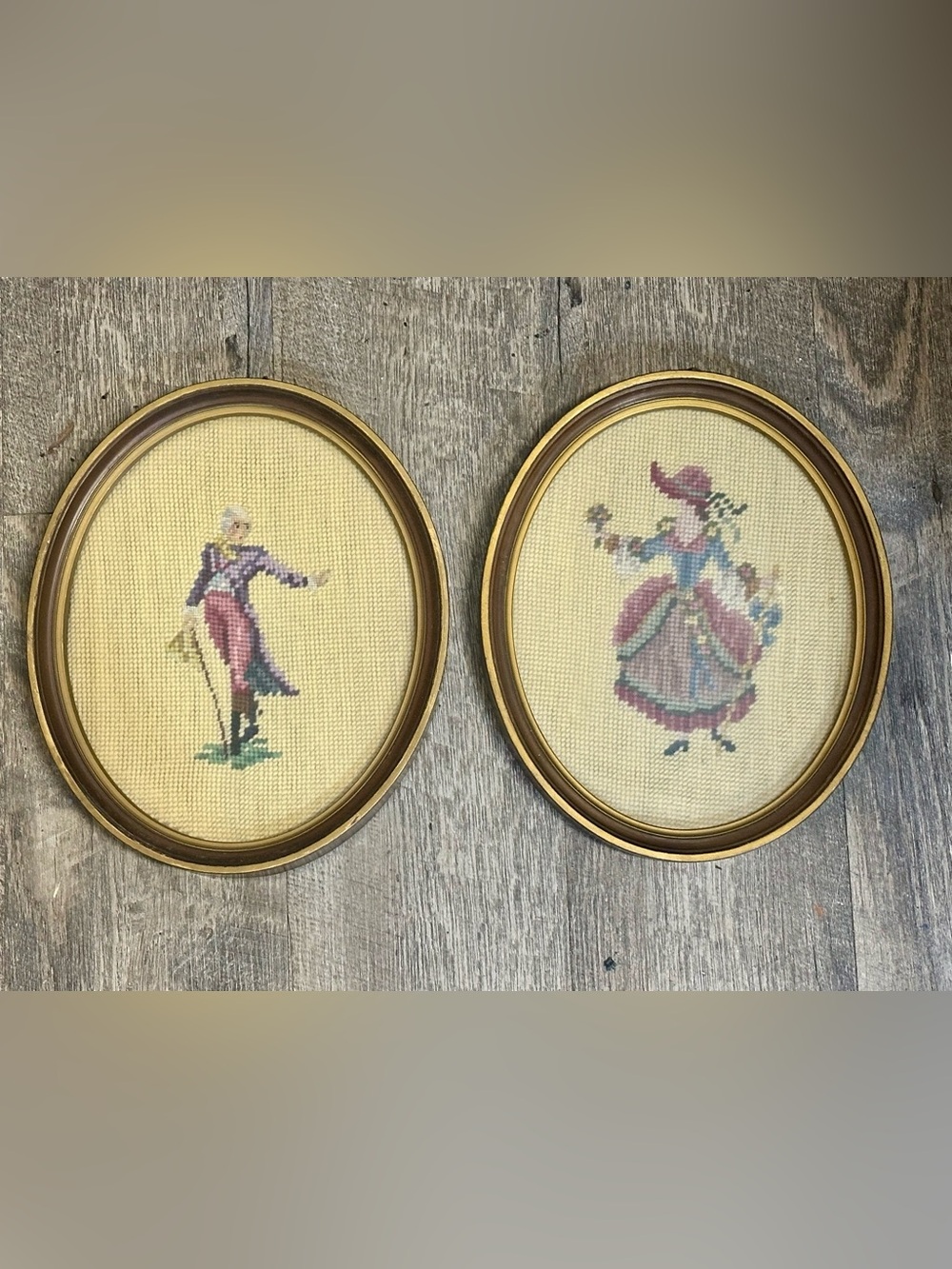 Vintage Needlepoint Art Framed Finished Lady and Gentlemen Caller Set Of 2 10.5"